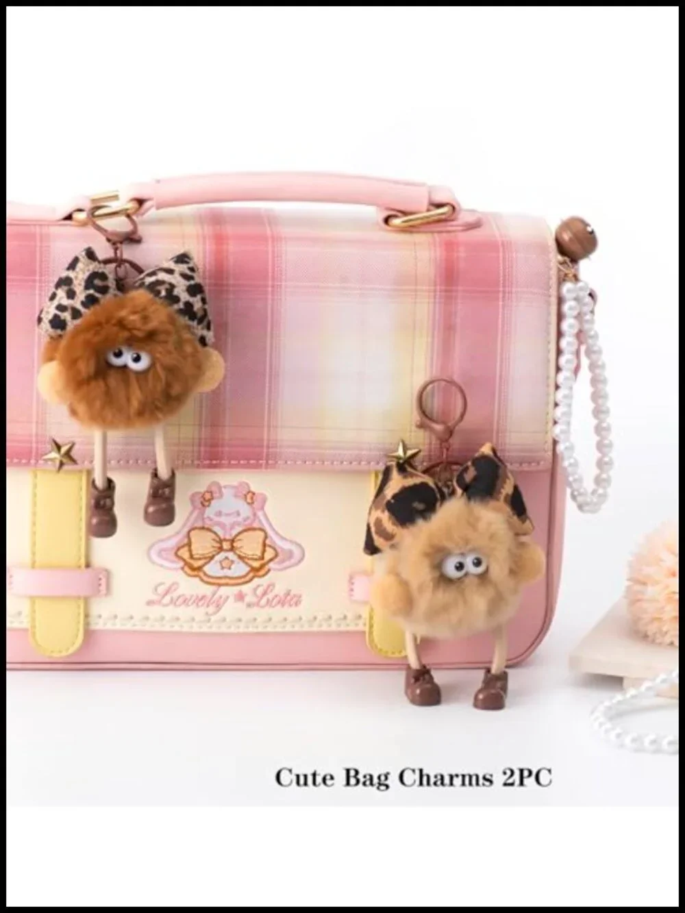 Kawaii Plush Keychains for Women, Leopard Bow Pom Pom Bag Charms with Pearl